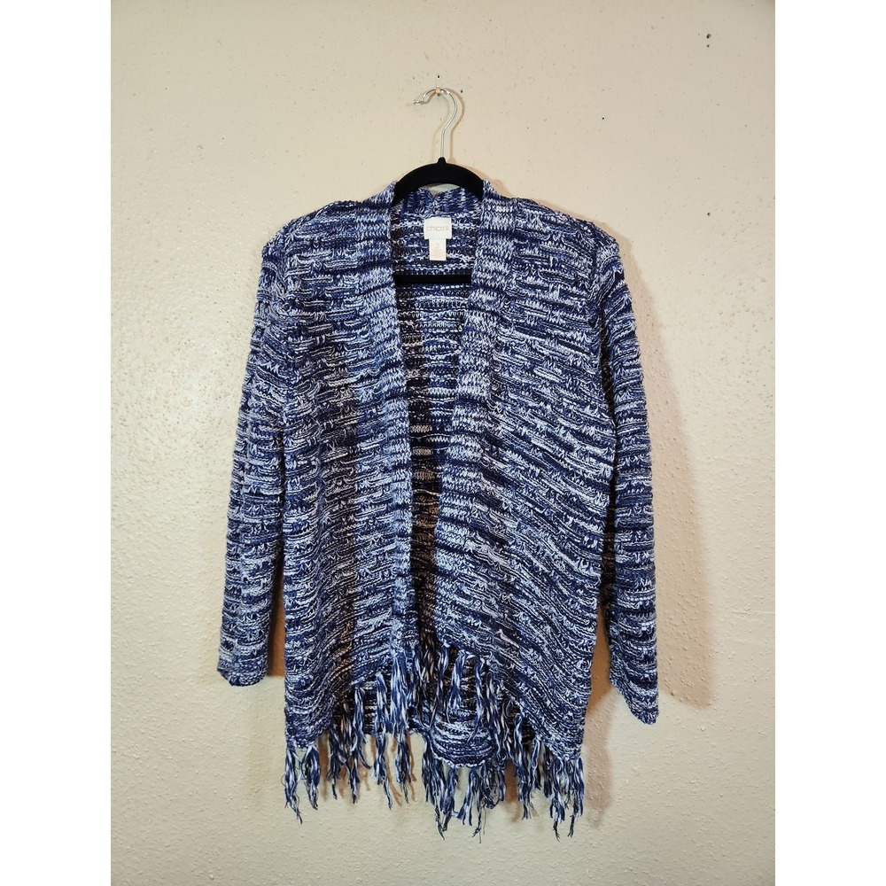 Chico's Blue and White Open-Front Fringe Cardigan